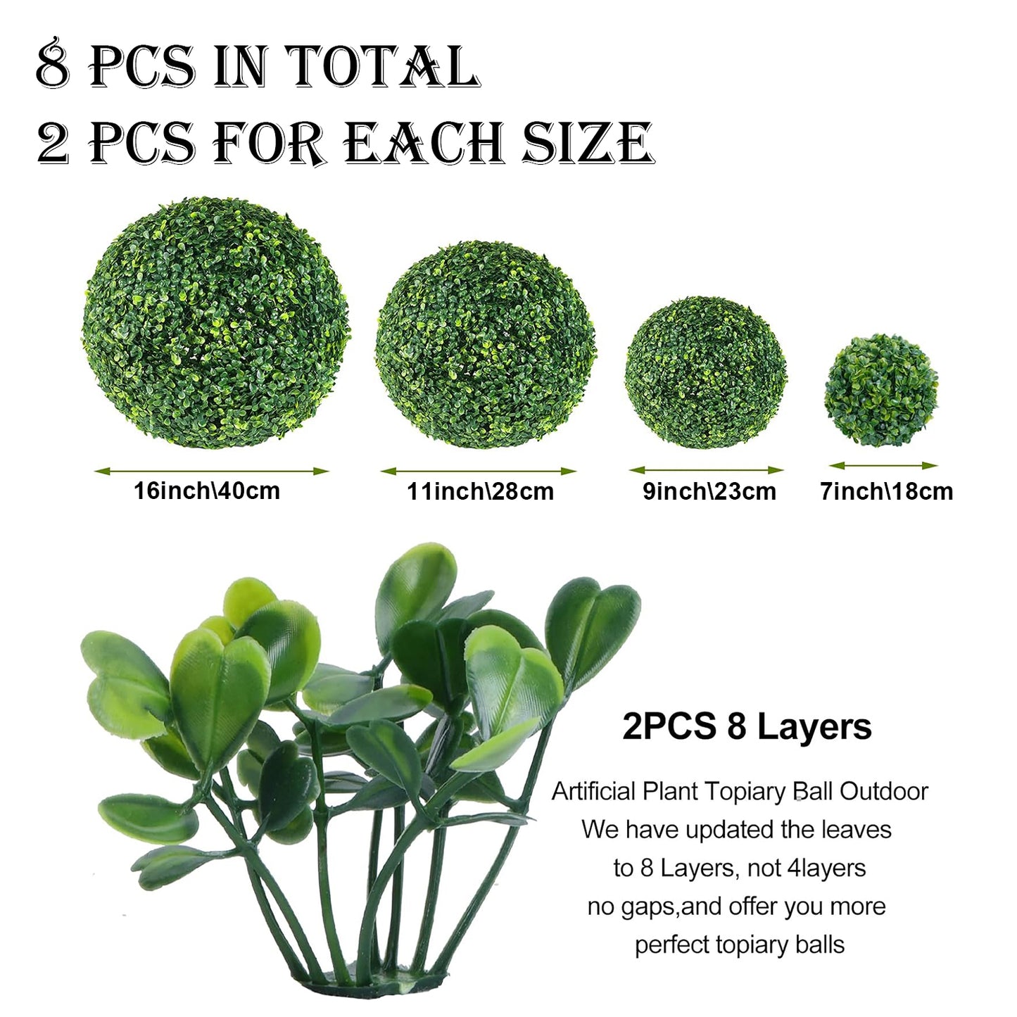 8pcs Sinsoledad Artificial Boxwood Topiary Balls Set, Faux Boxwood Decorative Spheres, Plastic Grass, 30mm Height, 8 Stitches per 10cm, with 100 Zip Ties for Garden, Backyard, Balcony Decor