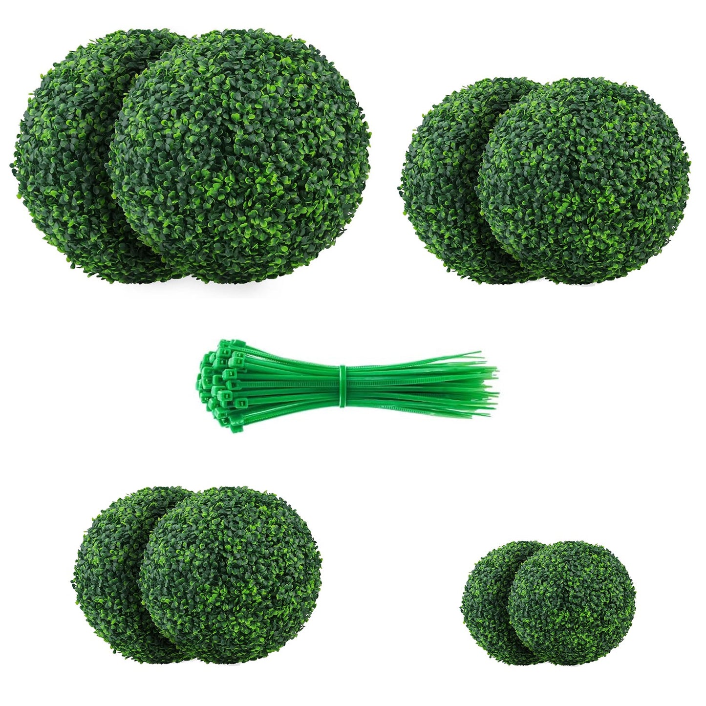 8pcs Sinsoledad Artificial Boxwood Topiary Balls Set, Faux Boxwood Decorative Spheres, Plastic Grass, 30mm Height, 8 Stitches per 10cm, with 100 Zip Ties for Garden, Backyard, Balcony Decor