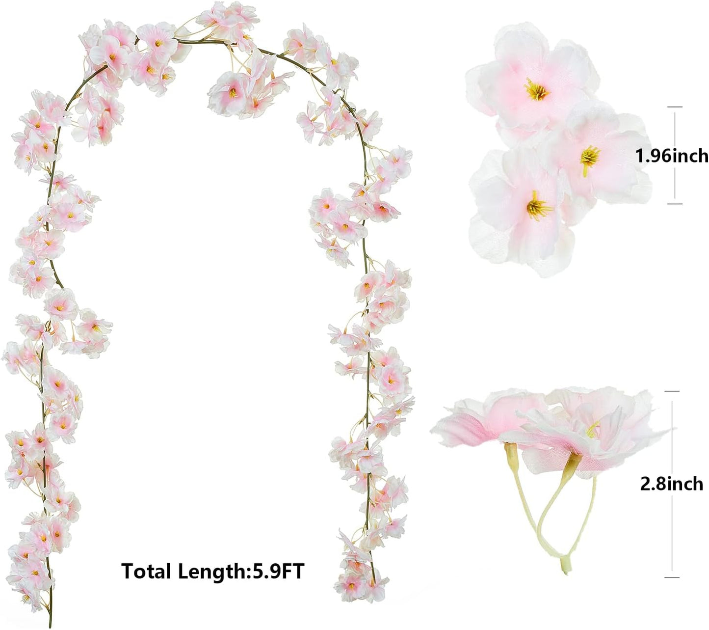 8 pcs Pink & White Artificial Cherry Blossom Garlands, 1.8m - Indoor/Outdoor Decor for Spring Weddings, Home & Hotel Enhancements
