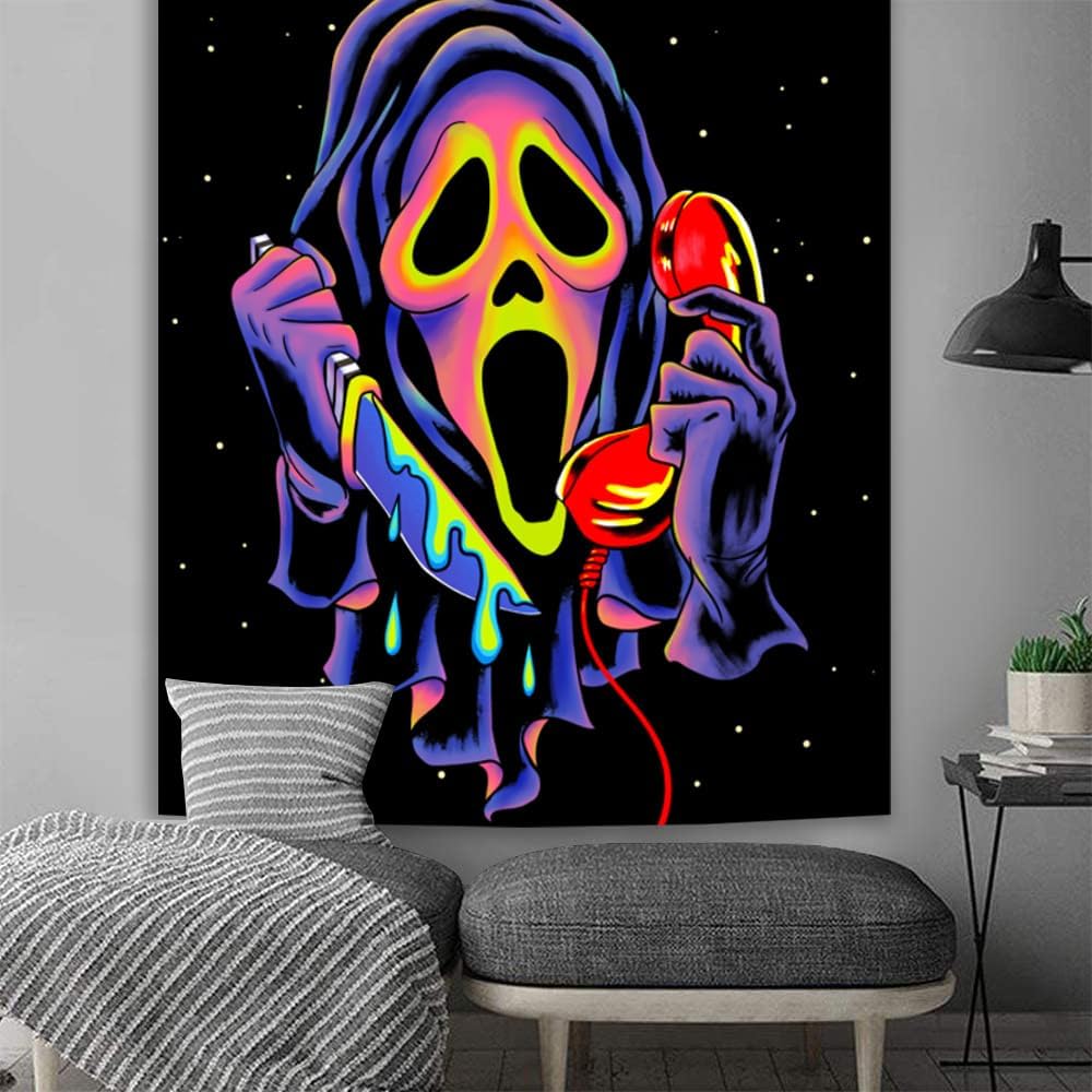 Sinsoledad Horror Ghost Face Blacklight Tapestry, UV Reactive Tapestries Wall Hanging, Glow in The Dark Party Backdrop Tapestry for Bedroom, Living Room 59"x51"/150x130cm