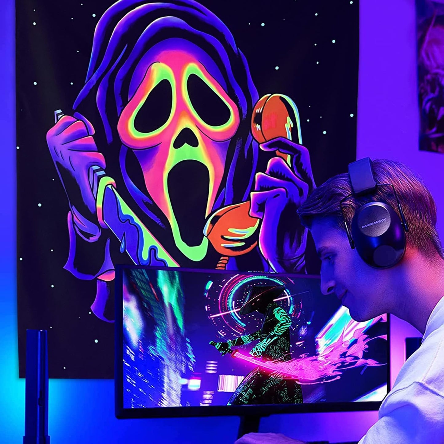 Sinsoledad Horror Ghost Face Blacklight Tapestry, UV Reactive Tapestries Wall Hanging, Glow in The Dark Party Backdrop Tapestry for Bedroom, Living Room 59"x51"/150x130cm