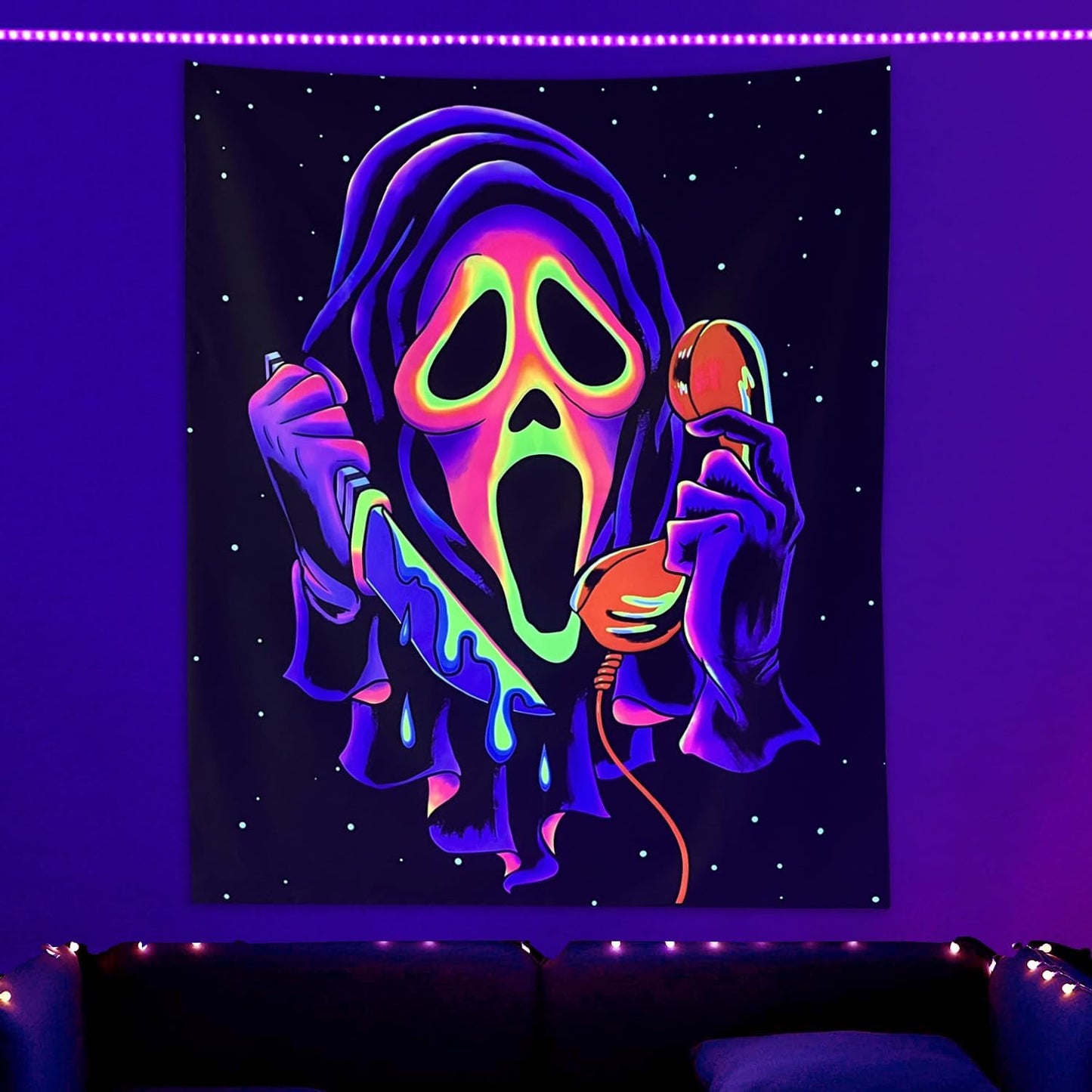 Sinsoledad Horror Ghost Face Blacklight Tapestry, UV Reactive Tapestries Wall Hanging, Glow in The Dark Party Backdrop Tapestry for Bedroom, Living Room 59"x51"/150x130cm