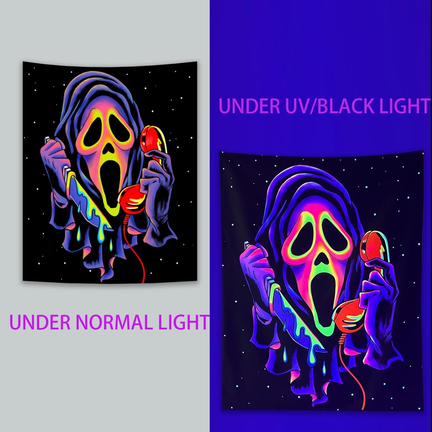 Sinsoledad Horror Ghost Face Blacklight Tapestry, UV Reactive Tapestries Wall Hanging, Glow in The Dark Party Backdrop Tapestry for Bedroom, Living Room 59"x51"/150x130cm
