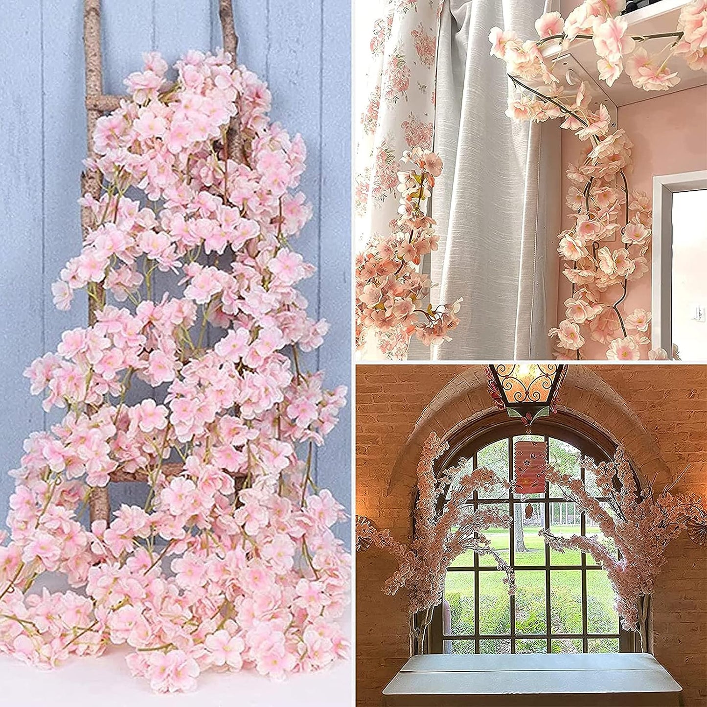 8 pcs Pink & White Artificial Cherry Blossom Garlands, 1.8m - Indoor/Outdoor Decor for Spring Weddings, Home & Hotel Enhancements