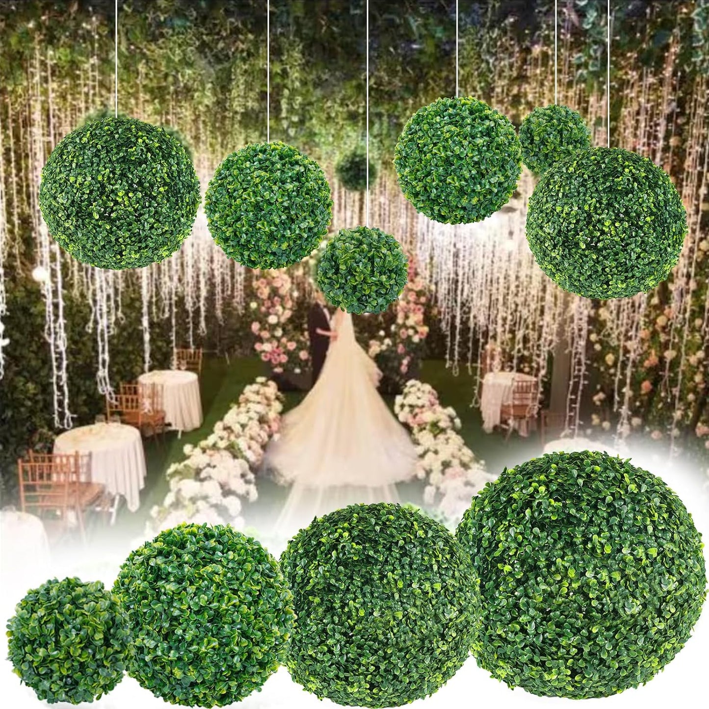 8pcs Sinsoledad Artificial Boxwood Topiary Balls Set, Faux Boxwood Decorative Spheres, Plastic Grass, 30mm Height, 8 Stitches per 10cm, with 100 Zip Ties for Garden, Backyard, Balcony Decor