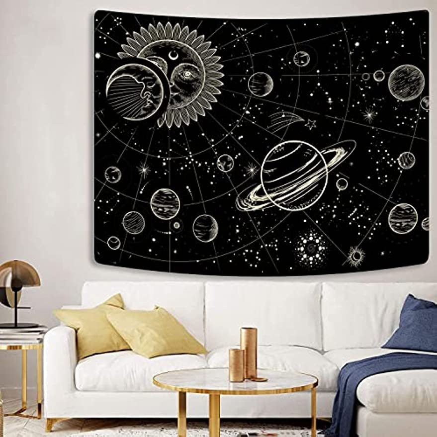 Sinsoledad Sun Moon and Universe Tapestry for Home Decor Black and Gold Boho Planet Galaxy Wall Hanging Tapestry for Bedroom Aesthetic