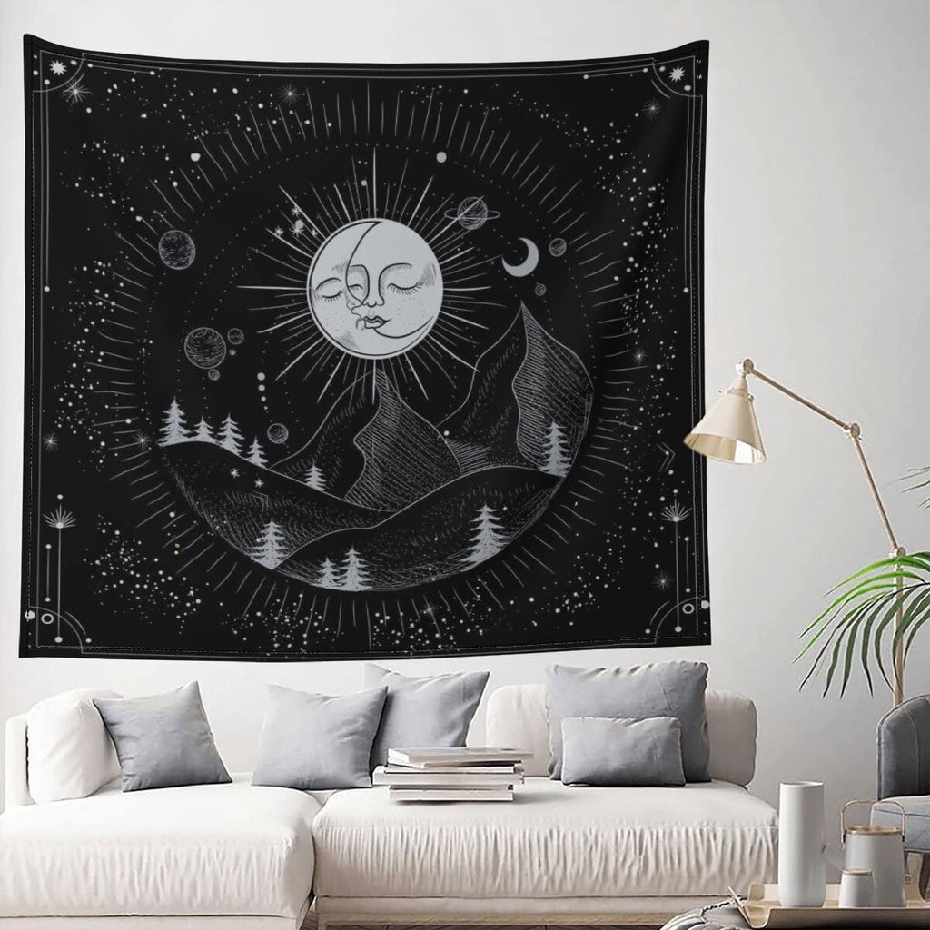 Sinsoledad Sun Moon and Universe Tapestry for Home Decor Black and Gold Boho Planet Galaxy Wall Hanging Tapestry for Bedroom Aesthetic