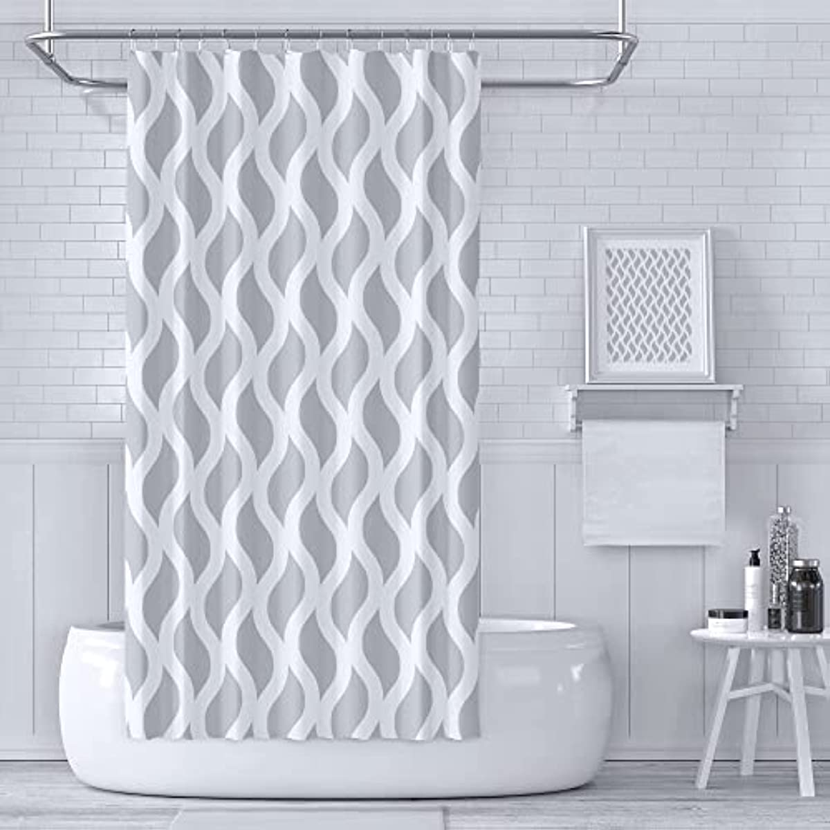 Sinsoledad Grey and White Shower Curtain Normcore Style Waterproof Design and Polyester Quick-Drying Nordic Farmhouse Dorm Bathroom Curtains Set Including Shower Curtain Rings 72 x 72 Inches