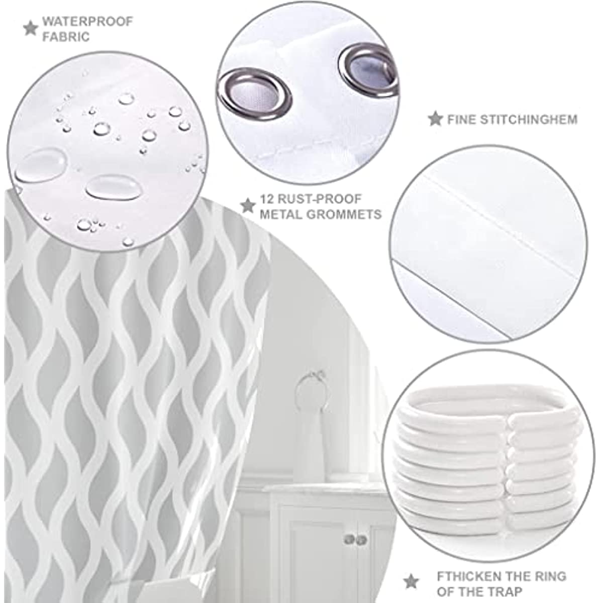 Sinsoledad Grey and White Shower Curtain Normcore Style Waterproof Design and Polyester Quick-Drying Nordic Farmhouse Dorm Bathroom Curtains Set Including Shower Curtain Rings 72 x 72 Inches