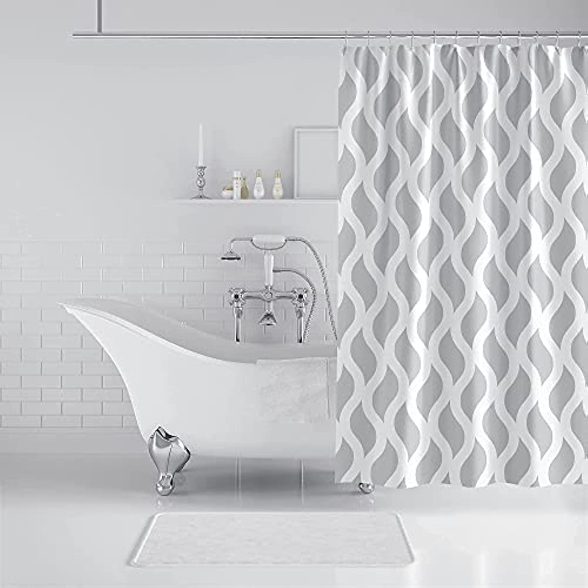Sinsoledad Grey and White Shower Curtain Normcore Style Waterproof Design and Polyester Quick-Drying Nordic Farmhouse Dorm Bathroom Curtains Set Including Shower Curtain Rings 72 x 72 Inches