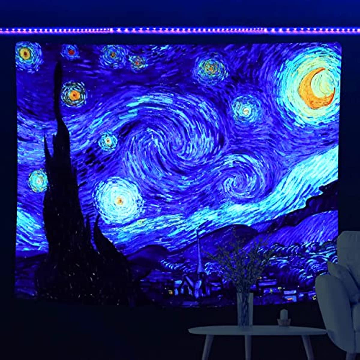 Sinsoledad Blacklight Tapestry Starry Night by Van Gogh Wall Art Decor for Bedroom Aesthetic, Abstract Hippie Trippy Wall Hanging UV Reactive Fabric Poster for Living Room Dorm Décor