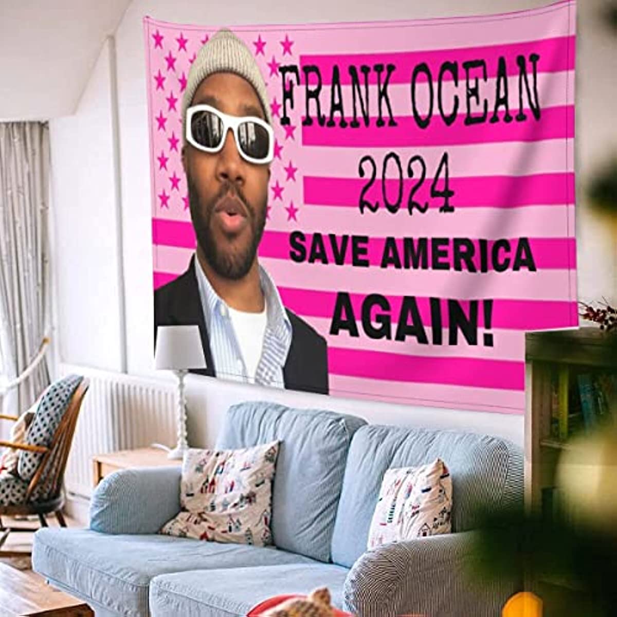 Sinsoledad Frank Ocean Flag Tapestry, Funny Pink USA Tapestry for Bedroom Living Room Dorm Save American Again Poster Decoration (60" W x 50" H)