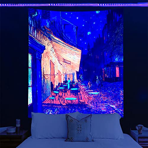 Sinsoledad Blacklight Tapestry Starry Night by Van Gogh Wall Art Decor for Bedroom Aesthetic, Abstract Hippie Trippy Wall Hanging UV Reactive Fabric Poster for Living Room Dorm Décor