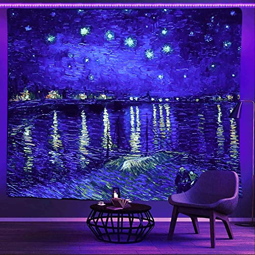 Sinsoledad Blacklight Tapestry Starry Night by Van Gogh Wall Art Decor for Bedroom Aesthetic, Abstract Hippie Trippy Wall Hanging UV Reactive Fabric Poster for Living Room Dorm Décor