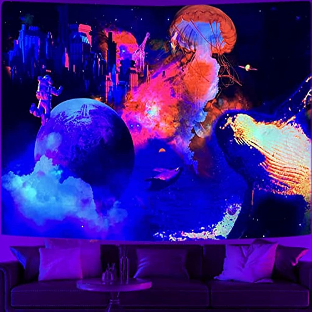 Blacklight Galaxy Tapestry Glow in the Dark Trippy Space Astronaut Tapestries Fantasy Jellyfish Ocean Tapestry Wall Hanging Psychedelic Neon Poster for Room Party Aesthetic