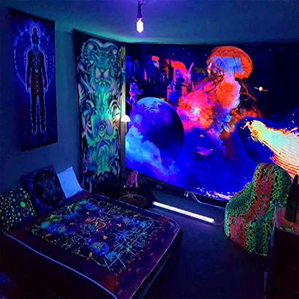 Blacklight Galaxy Tapestry Glow in the Dark Trippy Space Astronaut Tapestries Fantasy Jellyfish Ocean Tapestry Wall Hanging Psychedelic Neon Poster for Room Party Aesthetic