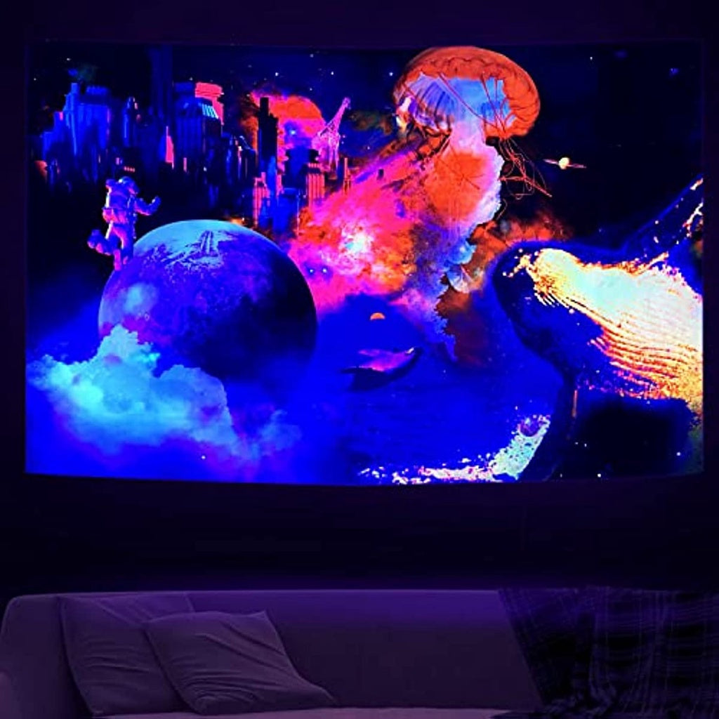 Blacklight Galaxy Tapestry Glow in the Dark Trippy Space Astronaut Tapestries Fantasy Jellyfish Ocean Tapestry Wall Hanging Psychedelic Neon Poster for Room Party Aesthetic