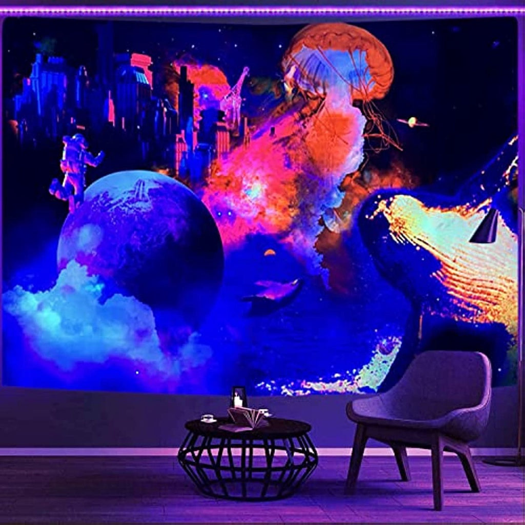 Blacklight Galaxy Tapestry Glow in the Dark Trippy Space Astronaut Tapestries Fantasy Jellyfish Ocean Tapestry Wall Hanging Psychedelic Neon Poster for Room Party Aesthetic