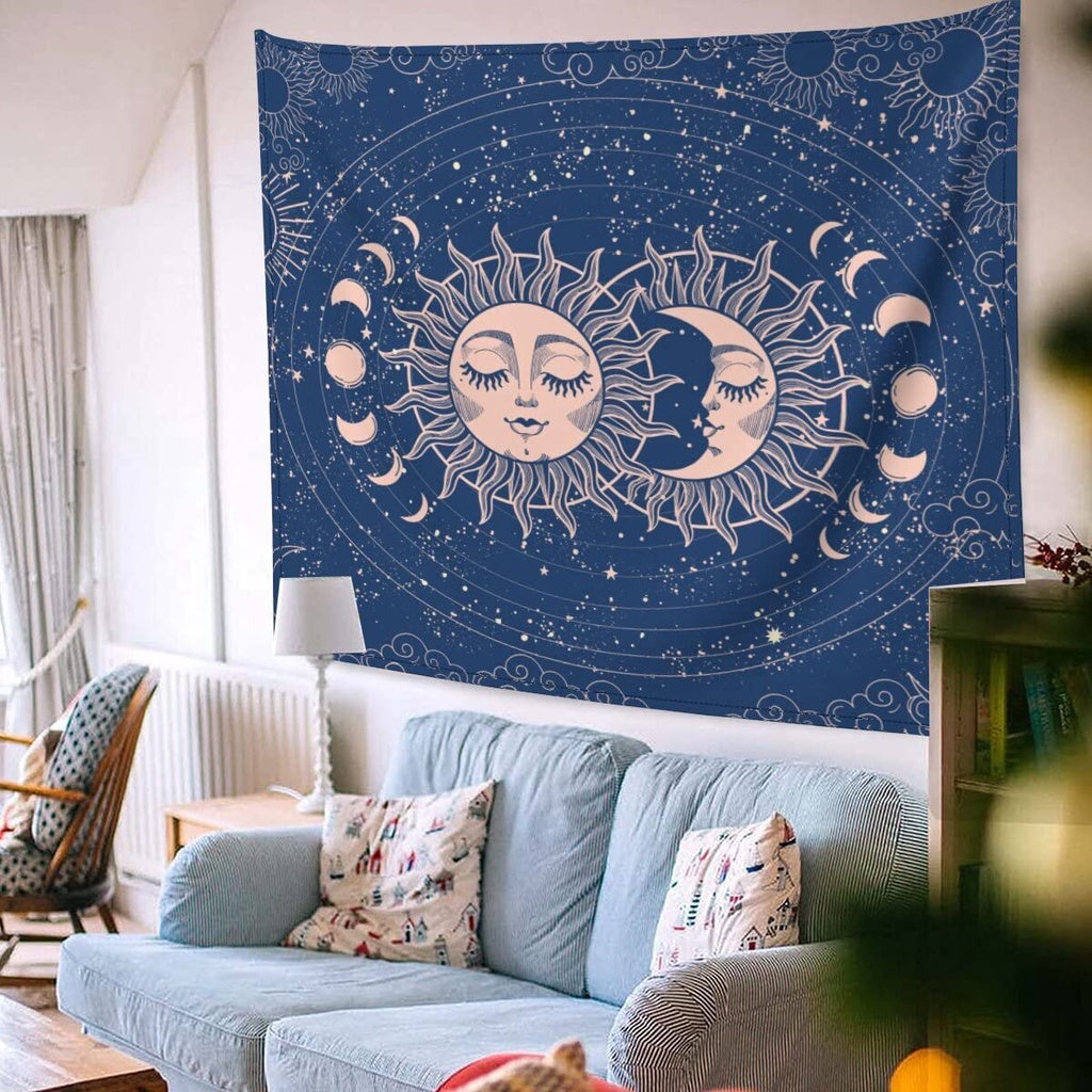 Sun Moon Tapestry Wall Hanging Stars Space Psychedelic Black and White Moon Phase Tapestries Wall Tapestry for Bedroom Aesthetic Home Wall Yoga Meditation Room Dorm Decor