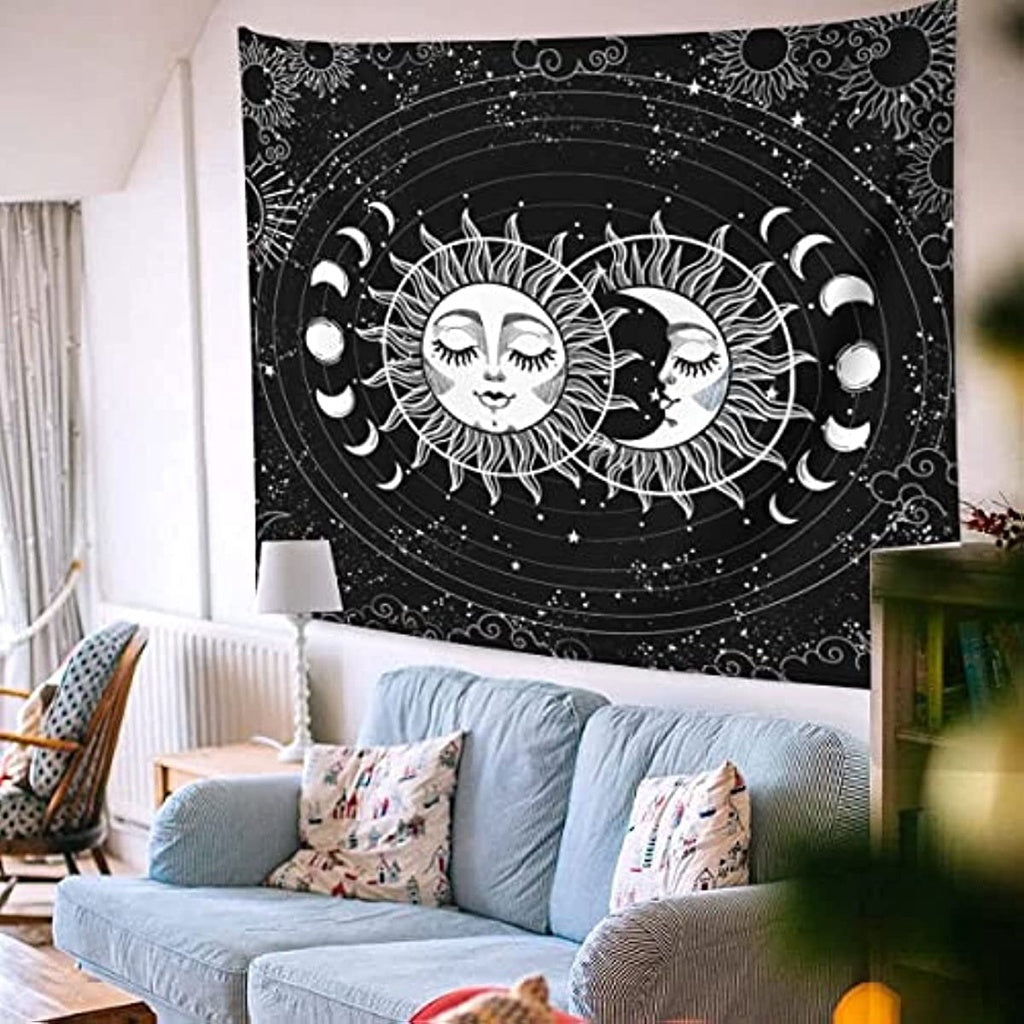 Sun Moon Tapestry Wall Hanging Stars Space Psychedelic Black and White Moon Phase Tapestries Wall Tapestry for Bedroom Aesthetic Home Wall Yoga Meditation Room Dorm Decor