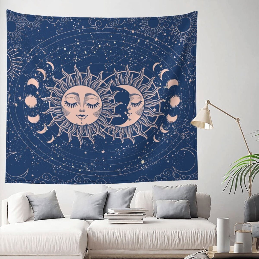 Sun Moon Tapestry Wall Hanging Stars Space Psychedelic Black and White Moon Phase Tapestries Wall Tapestry for Bedroom Aesthetic Home Wall Yoga Meditation Room Dorm Decor