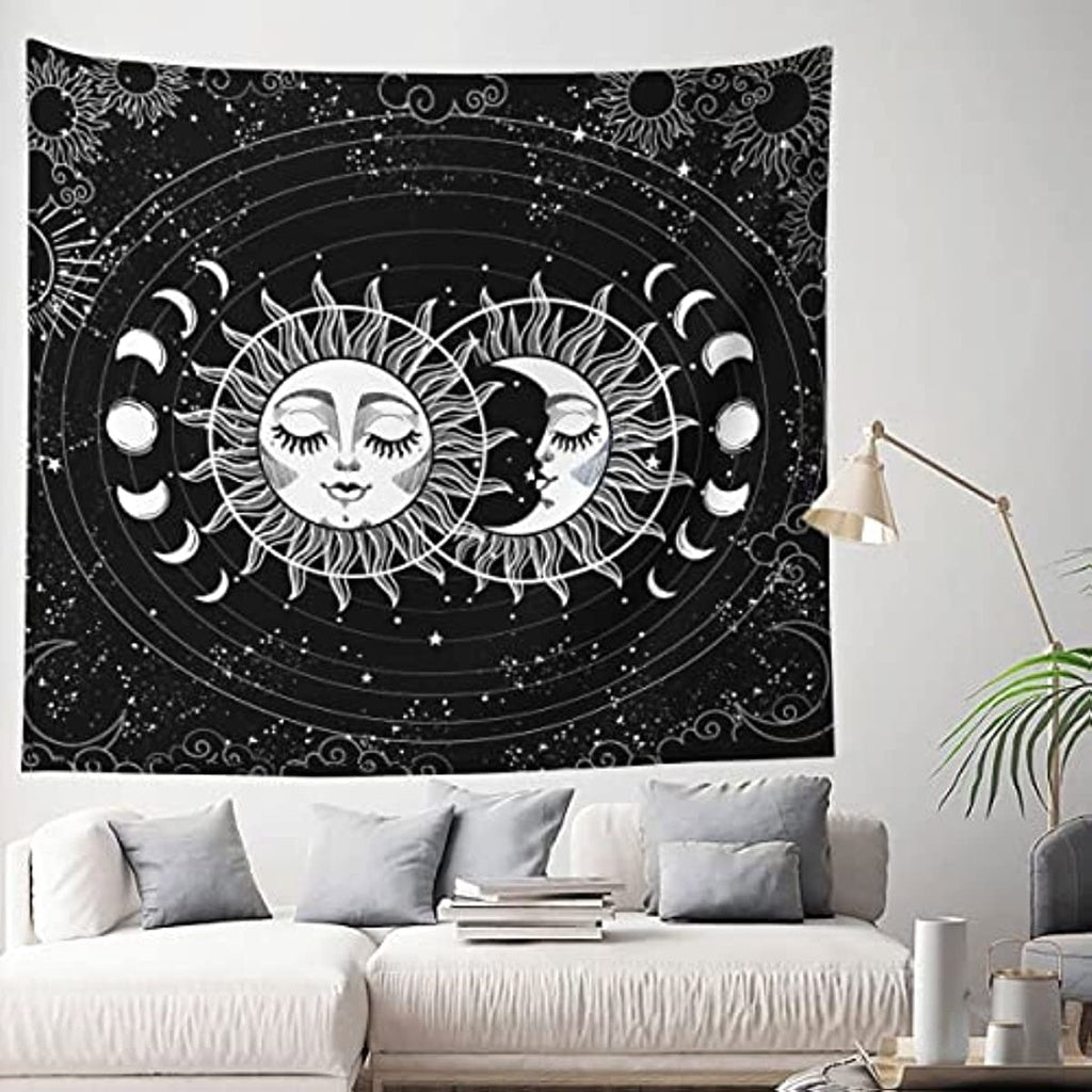 Sun Moon Tapestry Wall Hanging Stars Space Psychedelic Black and White Moon Phase Tapestries Wall Tapestry for Bedroom Aesthetic Home Wall Yoga Meditation Room Dorm Decor