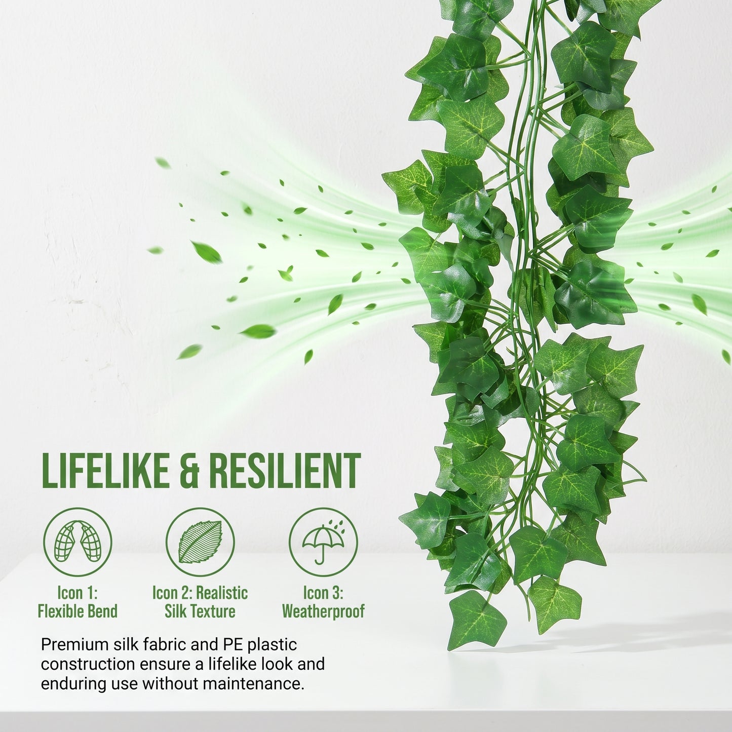 12 Pcs 2.4m/94.5inch Artificial Ivy Garland, Realistic Fake Ivy Vines, Green Faux Hanging Plant for Home Balcony Wedding Party Wall Decor