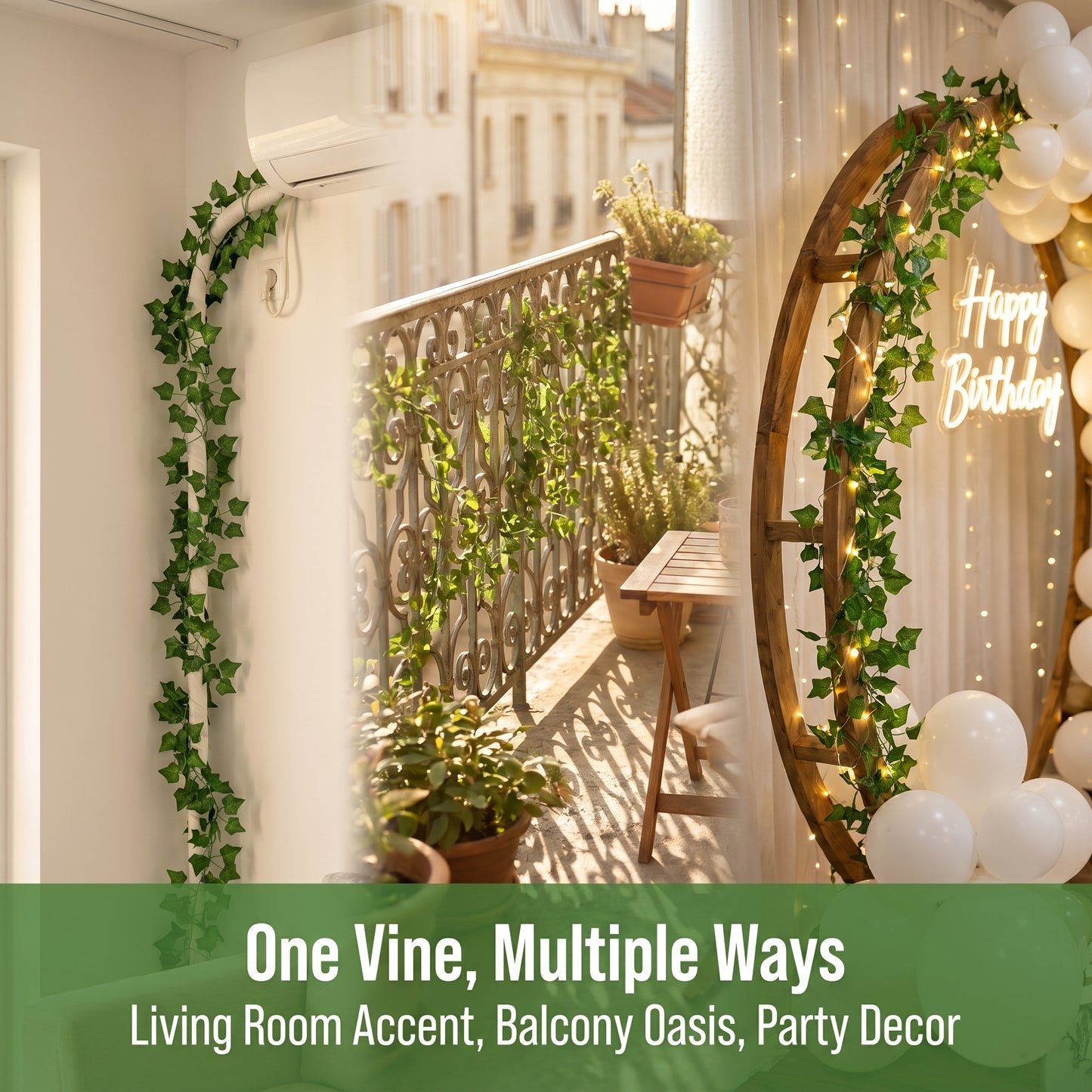 12 Pcs 2.4m/94.5inch Artificial Ivy Garland, Realistic Fake Ivy Vines, Green Faux Hanging Plant for Home Balcony Wedding Party Wall Decor