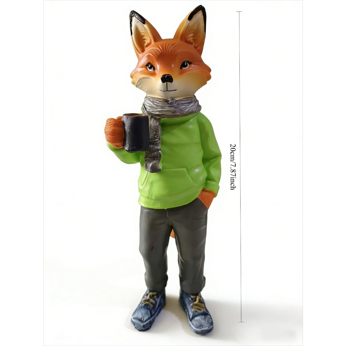 8inch/20cm Adorable Fox Figurine with Coffee Cup – Resin Desk Decor for Home & Office, Cute Hoodie Fox Statue, Perfect Gift for Coffee Lovers