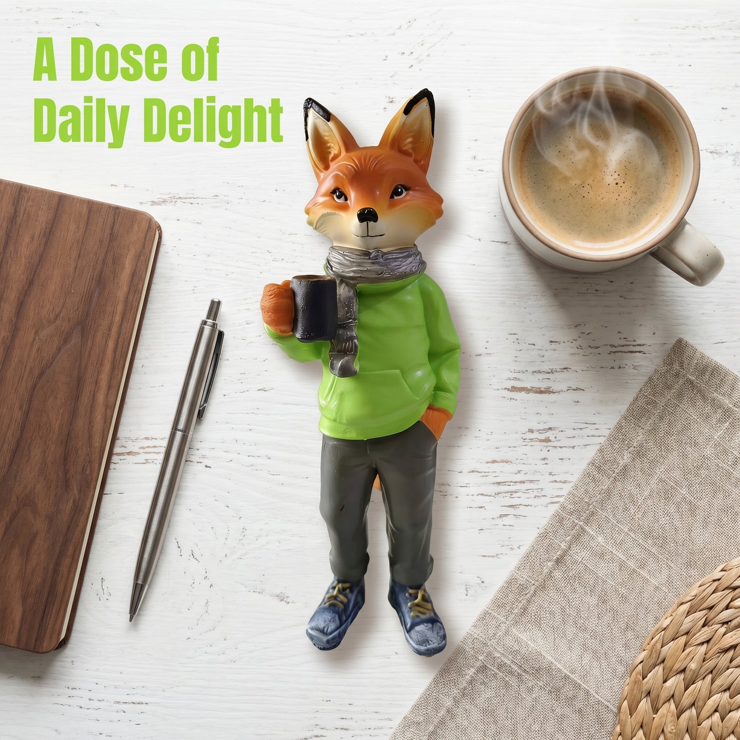 8inch/20cm Adorable Fox Figurine with Coffee Cup – Resin Desk Decor for Home & Office, Cute Hoodie Fox Statue, Perfect Gift for Coffee Lovers
