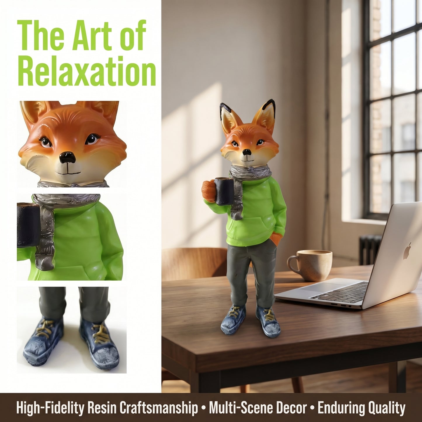 8inch/20cm Adorable Fox Figurine with Coffee Cup – Resin Desk Decor for Home & Office, Cute Hoodie Fox Statue, Perfect Gift for Coffee Lovers