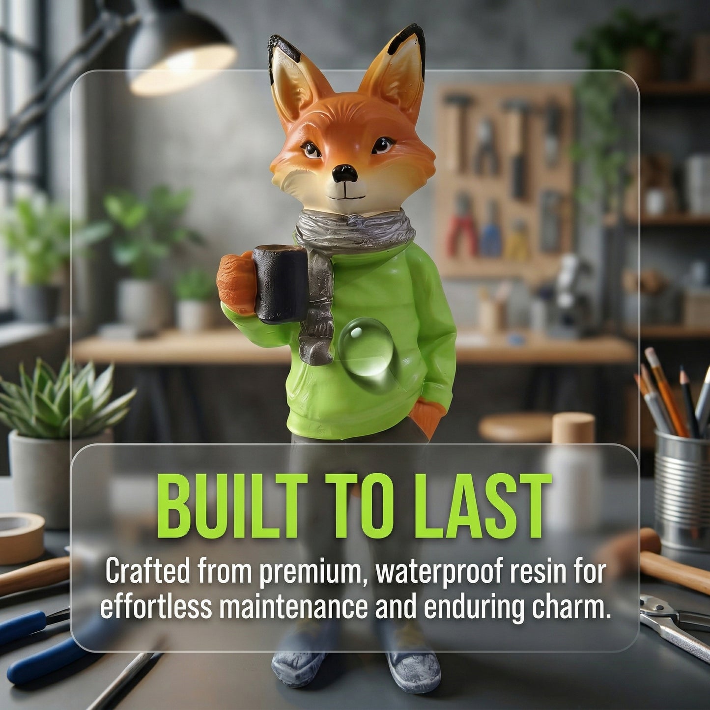 8inch/20cm Adorable Fox Figurine with Coffee Cup – Resin Desk Decor for Home & Office, Cute Hoodie Fox Statue, Perfect Gift for Coffee Lovers