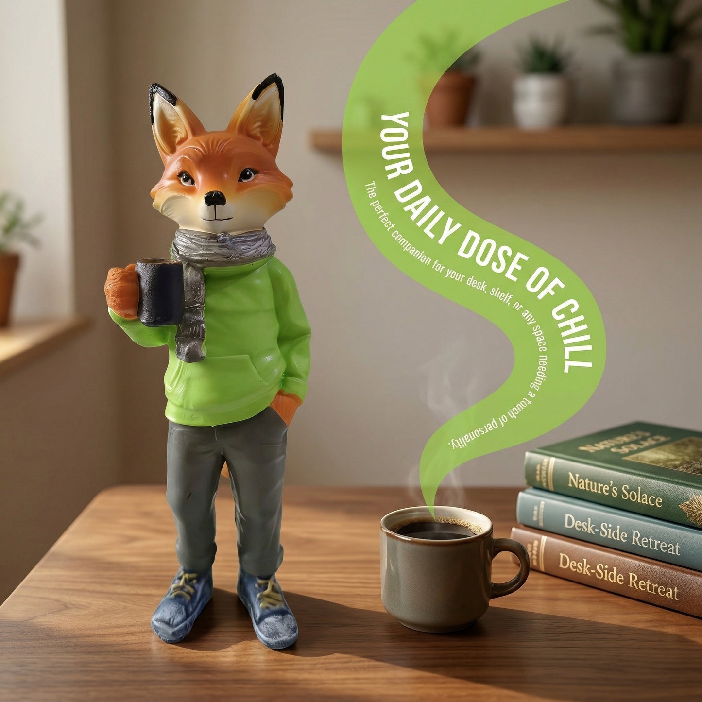 8inch/20cm Adorable Fox Figurine with Coffee Cup – Resin Desk Decor for Home & Office, Cute Hoodie Fox Statue, Perfect Gift for Coffee Lovers