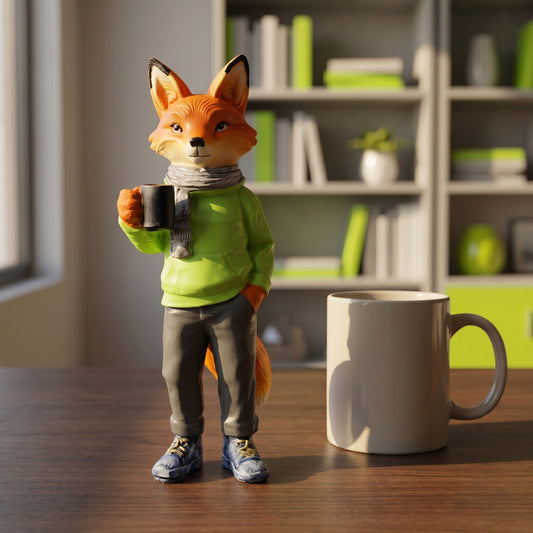 8inch/20cm Adorable Fox Figurine with Coffee Cup – Resin Desk Decor for Home & Office, Cute Hoodie Fox Statue, Perfect Gift for Coffee Lovers