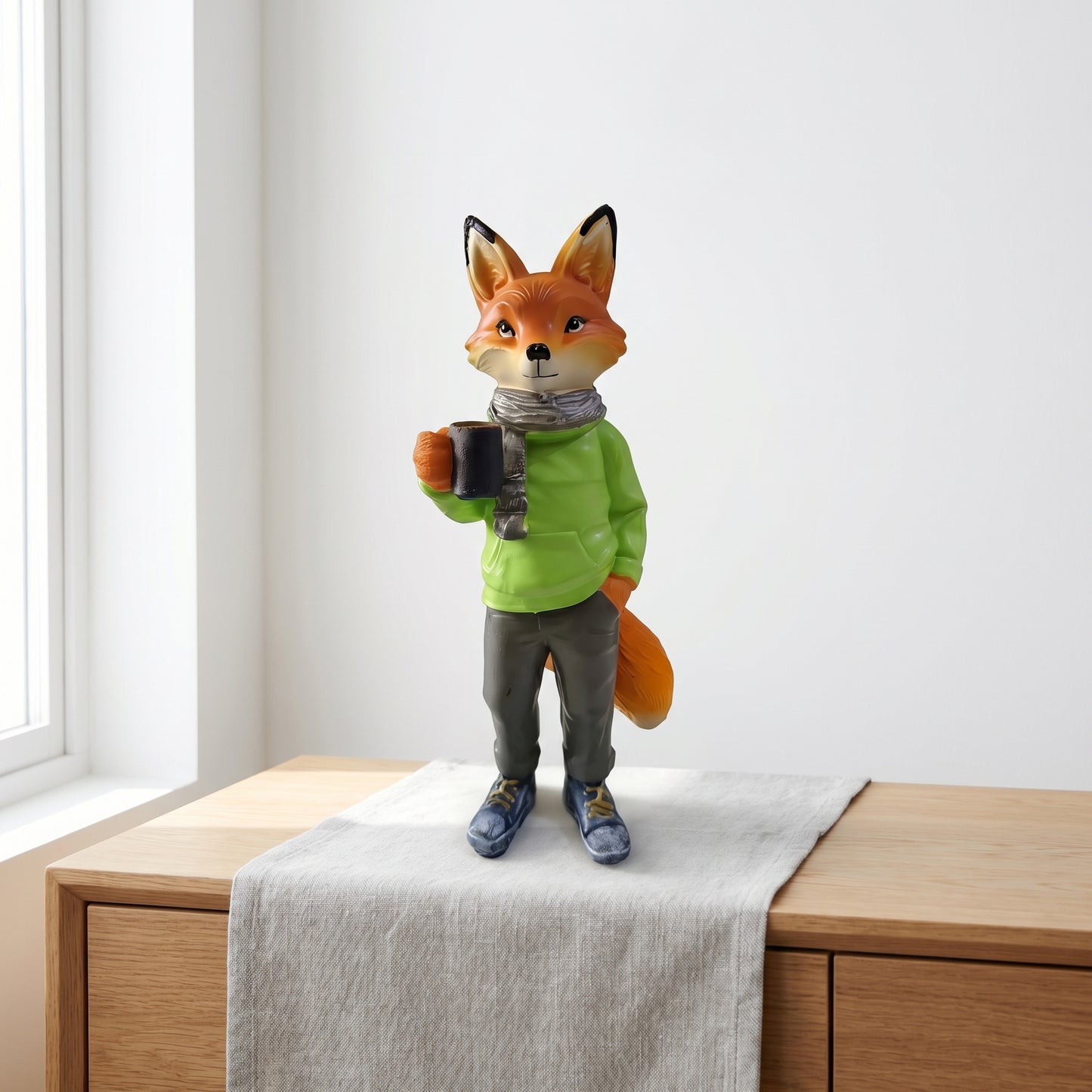 8inch/20cm Adorable Fox Figurine with Coffee Cup – Resin Desk Decor for Home & Office, Cute Hoodie Fox Statue, Perfect Gift for Coffee Lovers