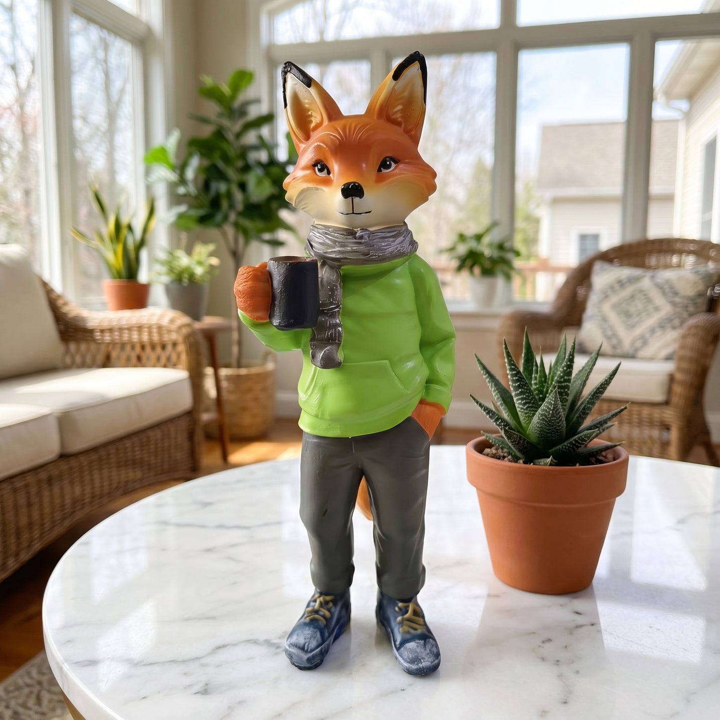 8inch/20cm Adorable Fox Figurine with Coffee Cup – Resin Desk Decor for Home & Office, Cute Hoodie Fox Statue, Perfect Gift for Coffee Lovers