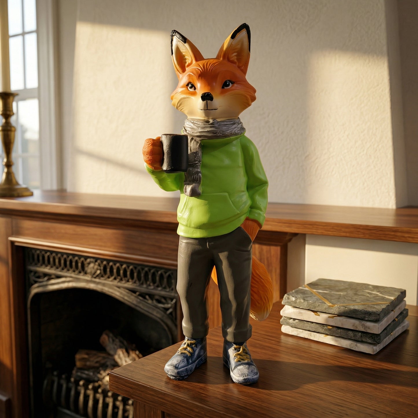 8inch/20cm Adorable Fox Figurine with Coffee Cup – Resin Desk Decor for Home & Office, Cute Hoodie Fox Statue, Perfect Gift for Coffee Lovers