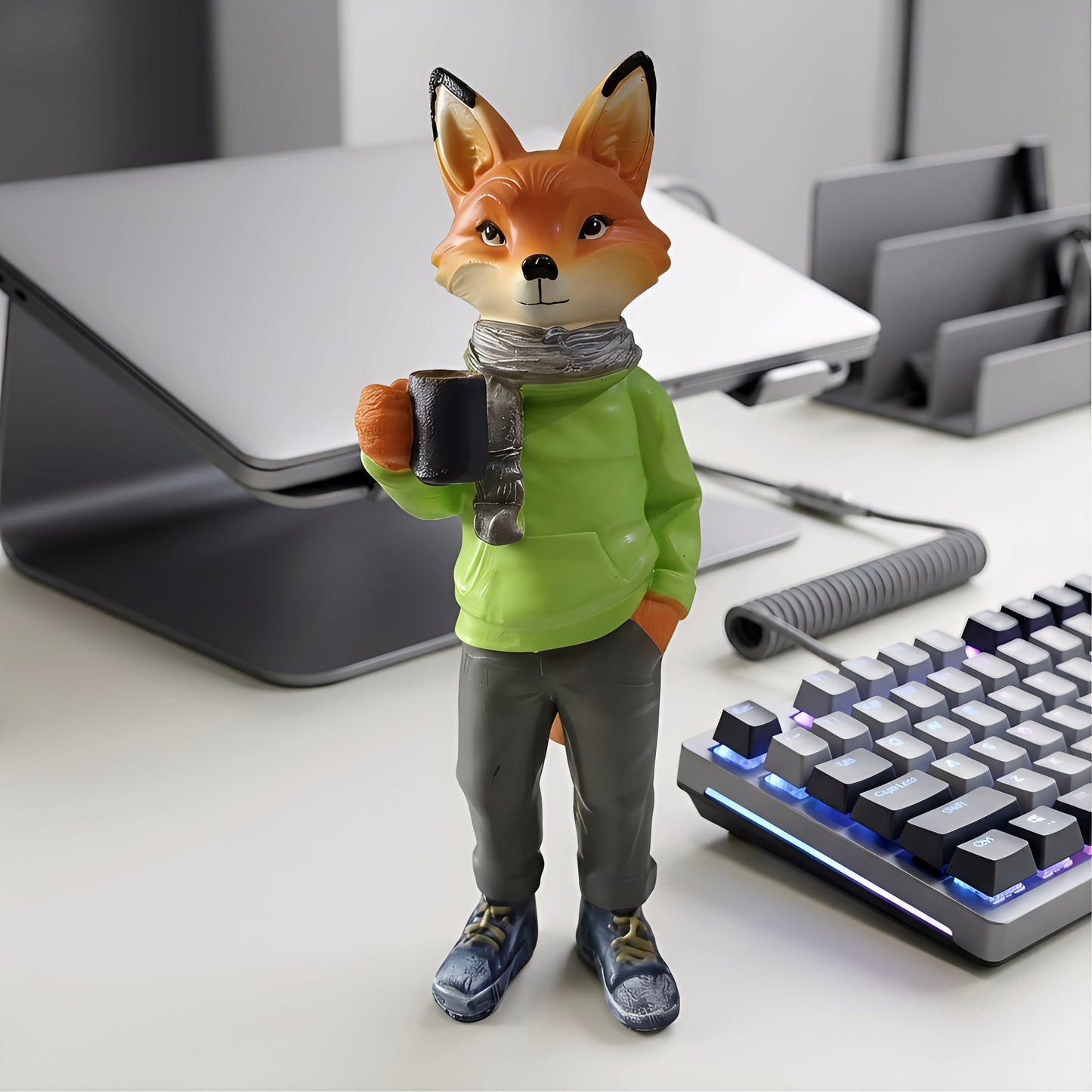 8inch/20cm Adorable Fox Figurine with Coffee Cup – Resin Desk Decor for Home & Office, Cute Hoodie Fox Statue, Perfect Gift for Coffee Lovers