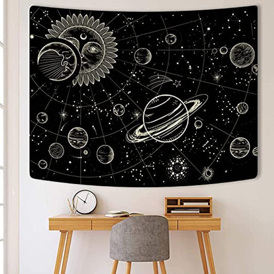 Sinsoledad Sun Moon and Universe Tapestry for Home Decor Black and Gold Boho Planet Galaxy Wall Hanging Tapestry for Bedroom Aesthetic