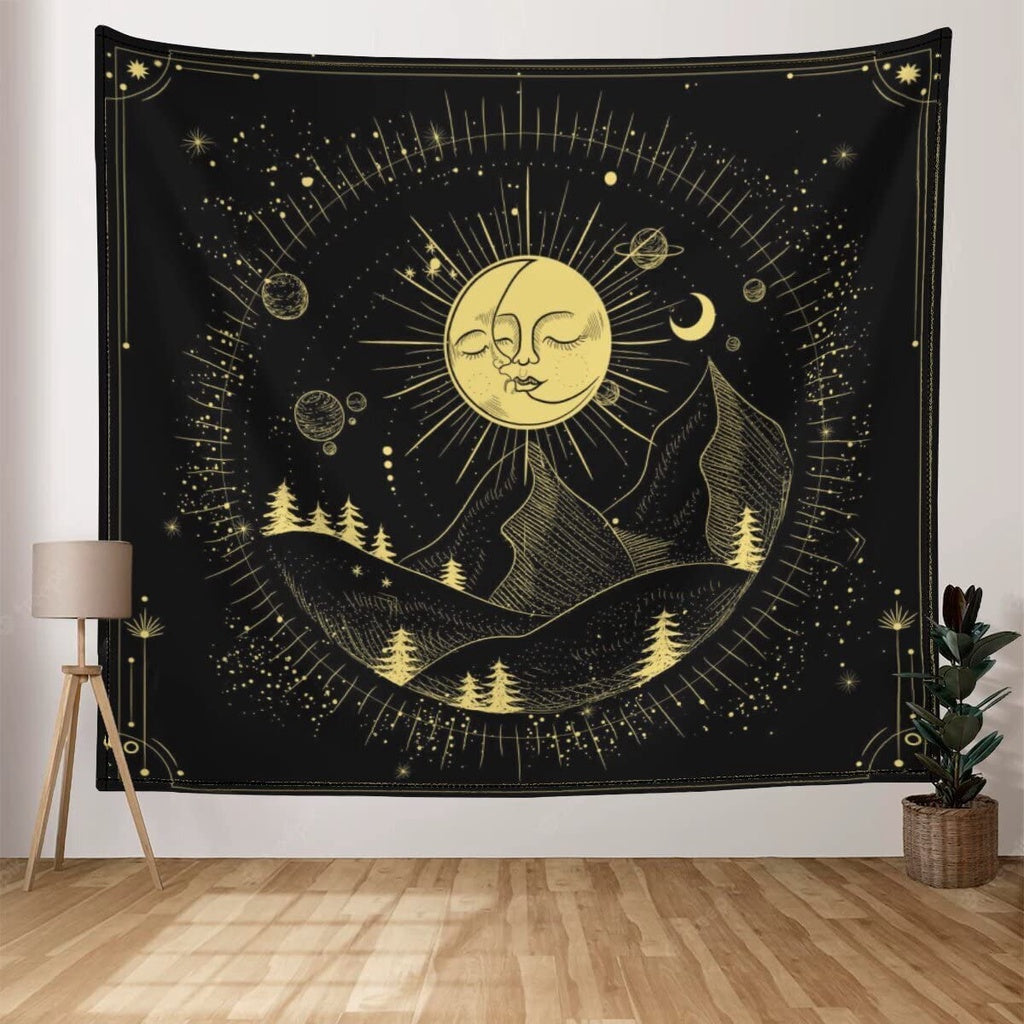 Sinsoledad Sun Moon and Universe Tapestry for Home Decor Black and Gold Boho Planet Galaxy Wall Hanging Tapestry for Bedroom Aesthetic