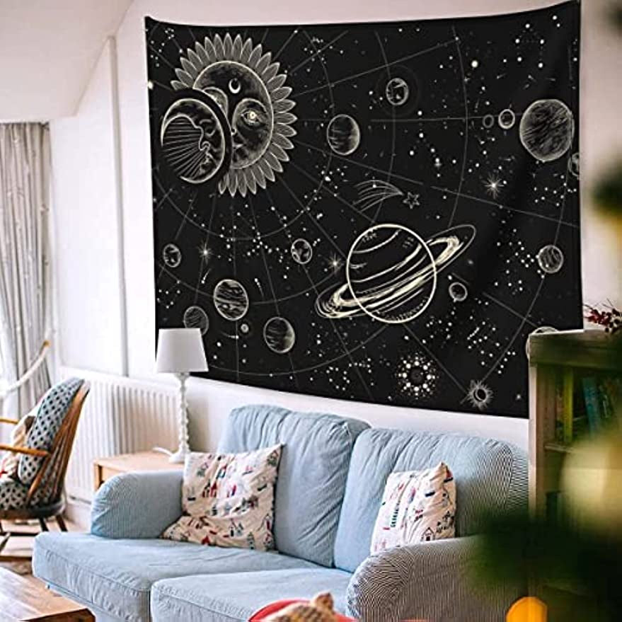 Sinsoledad Sun Moon and Universe Tapestry for Home Decor Black and Gold Boho Planet Galaxy Wall Hanging Tapestry for Bedroom Aesthetic