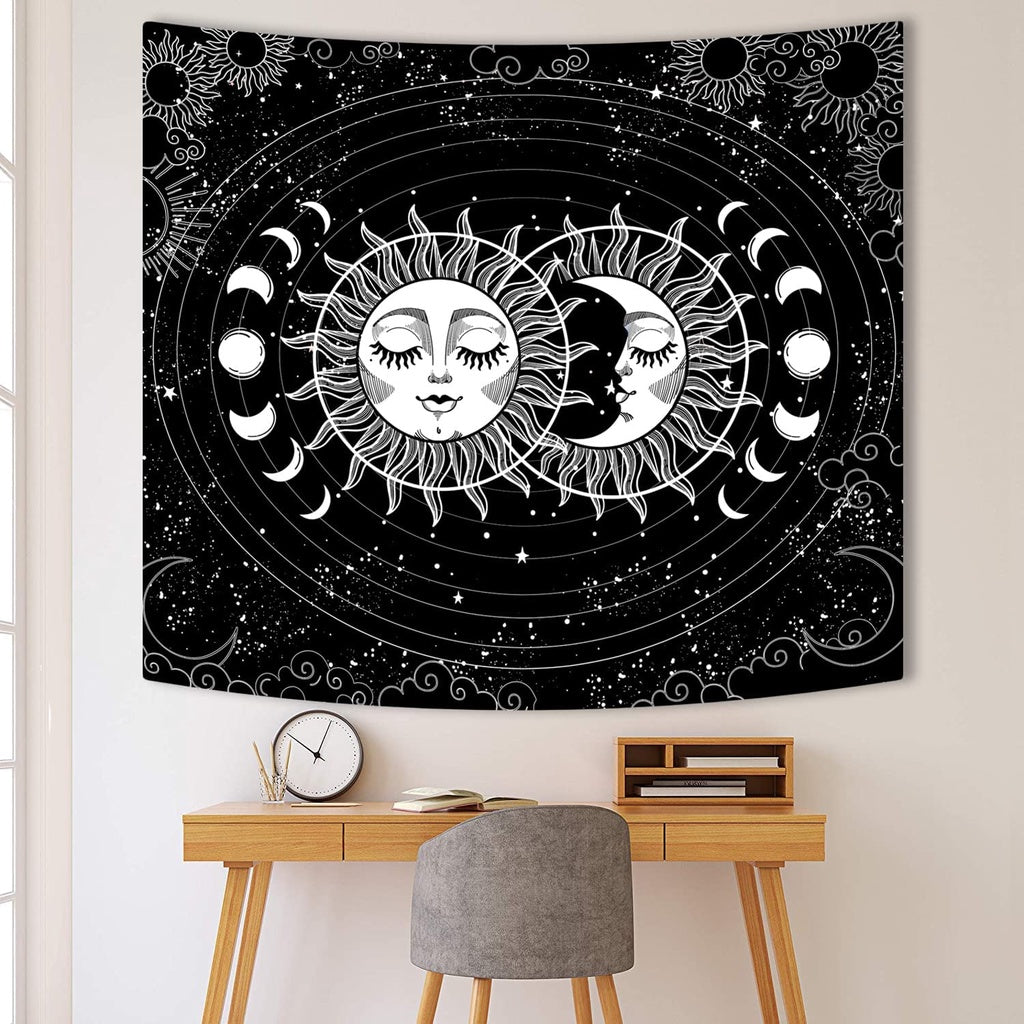 Sinsoledad Sun Moon and Universe Tapestry for Home Decor Black and Gold Boho Planet Galaxy Wall Hanging Tapestry for Bedroom Aesthetic