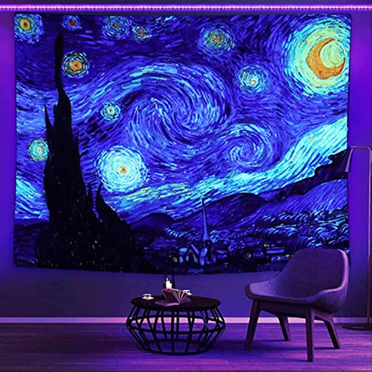 Sinsoledad Blacklight Tapestry Starry Night by Van Gogh Wall Art Decor for Bedroom Aesthetic, Abstract Hippie Trippy Wall Hanging UV Reactive Fabric Poster for Living Room Dorm Décor