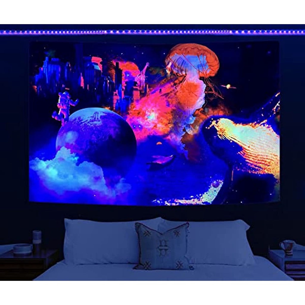 Blacklight Galaxy Tapestry Glow in the Dark Trippy Space Astronaut Tapestries Fantasy Jellyfish Ocean Tapestry Wall Hanging Psychedelic Neon Poster for Room Party Aesthetic