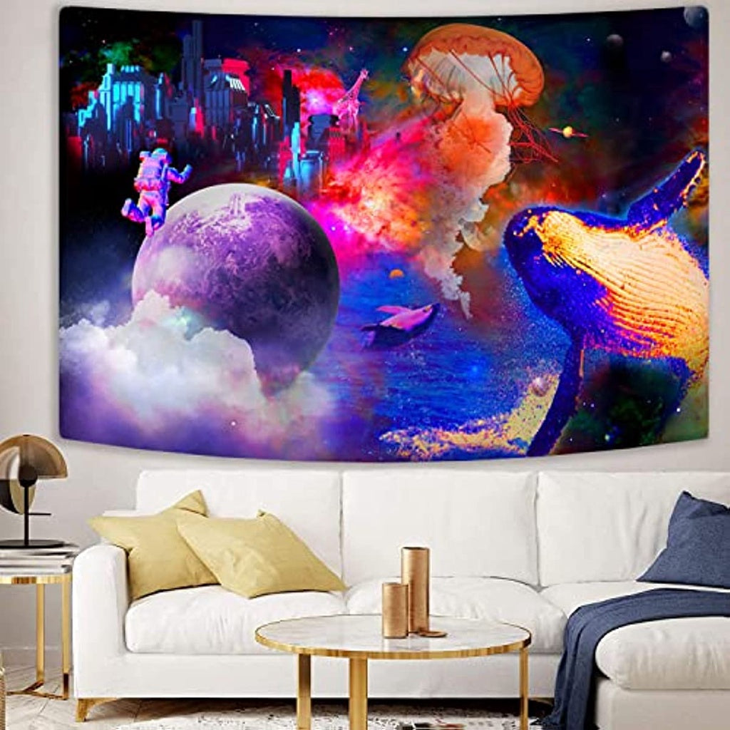 Blacklight Galaxy Tapestry Glow in the Dark Trippy Space Astronaut Tapestries Fantasy Jellyfish Ocean Tapestry Wall Hanging Psychedelic Neon Poster for Room Party Aesthetic