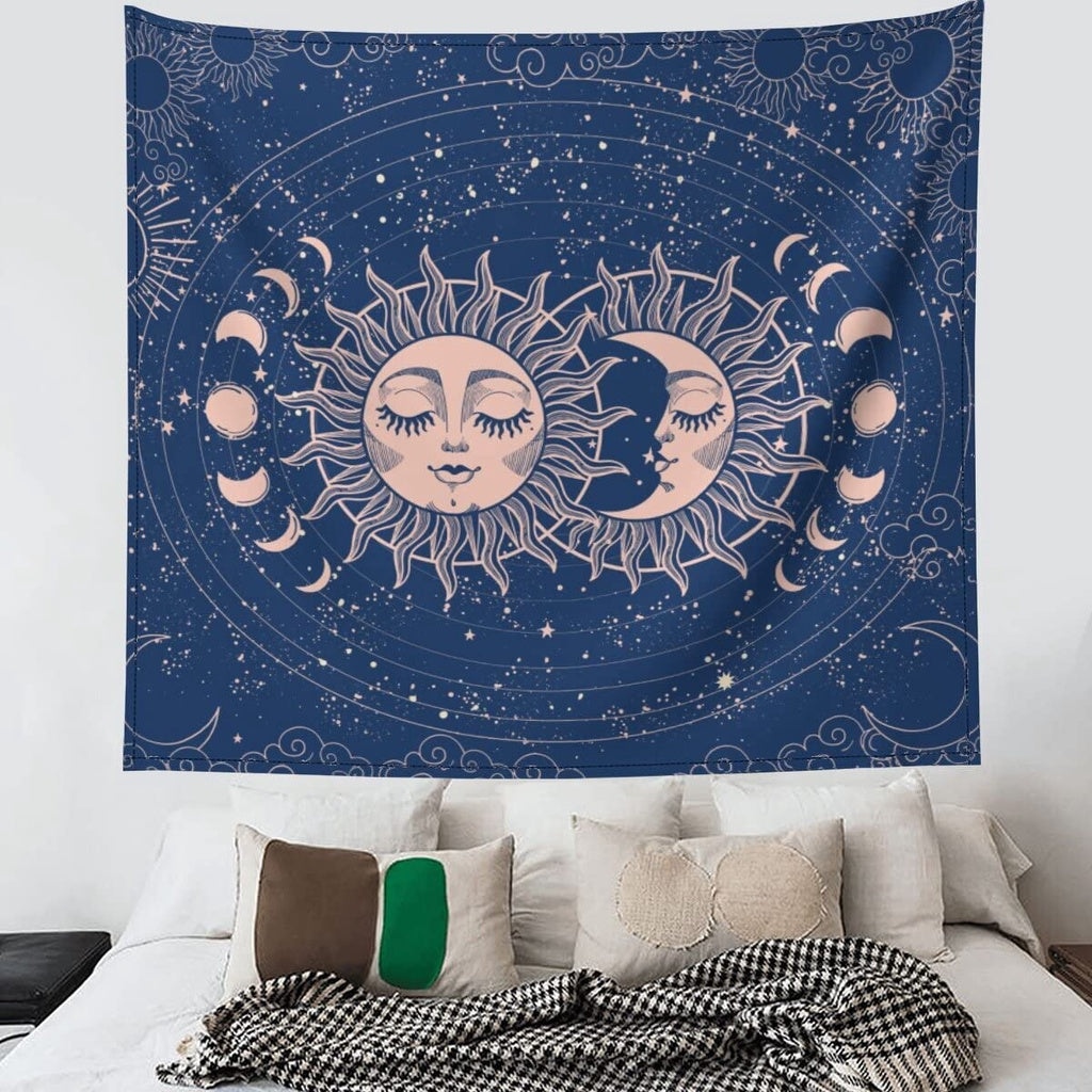 Sun Moon Tapestry Wall Hanging Stars Space Psychedelic Black and White Moon Phase Tapestries Wall Tapestry for Bedroom Aesthetic Home Wall Yoga Meditation Room Dorm Decor