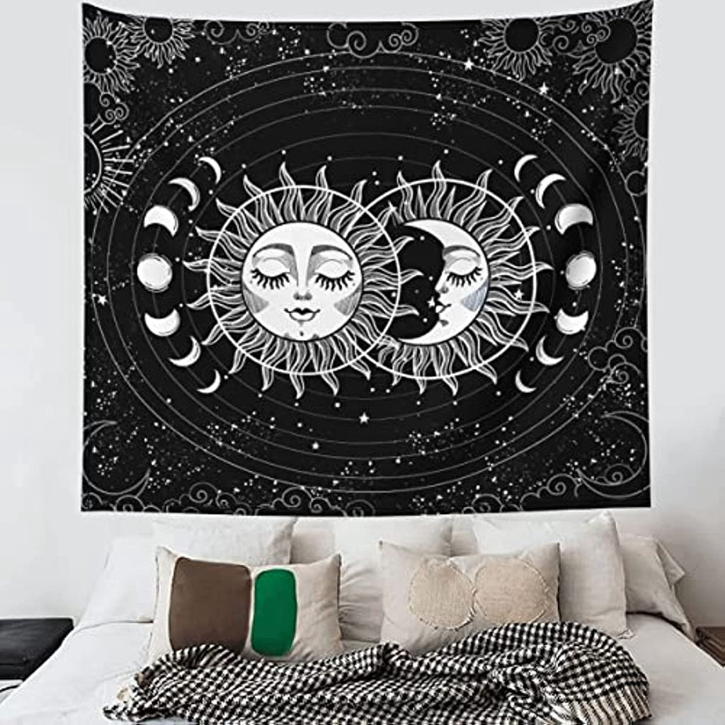 Sun Moon Tapestry Wall Hanging Stars Space Psychedelic Black and White Moon Phase Tapestries Wall Tapestry for Bedroom Aesthetic Home Wall Yoga Meditation Room Dorm Decor