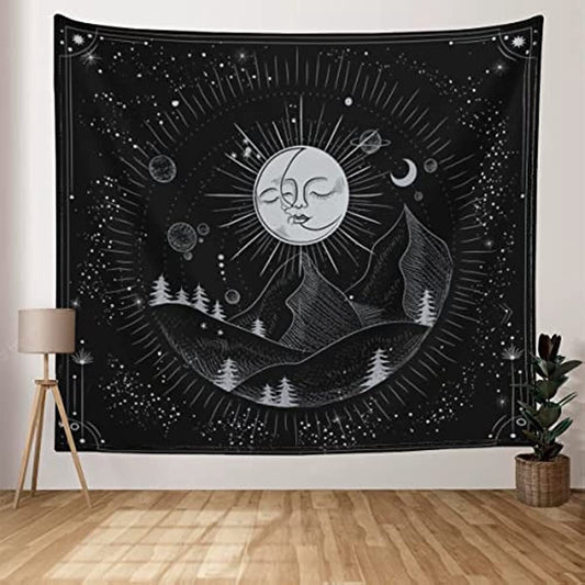 Sun Moon Star Tapestry for Bedroom Aesthetic Black and White Tapestries For Home Decor Mountain Forest Tapestry Wall Hanging Art for Dorm Room Decoration for Yoga Meditaion