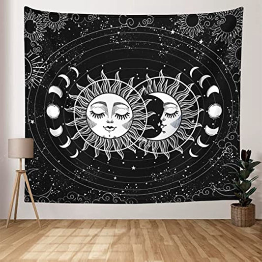 Sun Moon Tapestry Wall Hanging Stars Space Psychedelic Black and White Moon Phase Tapestries Wall Tapestry for Bedroom Aesthetic Home Wall Yoga Meditation Room Dorm Decor